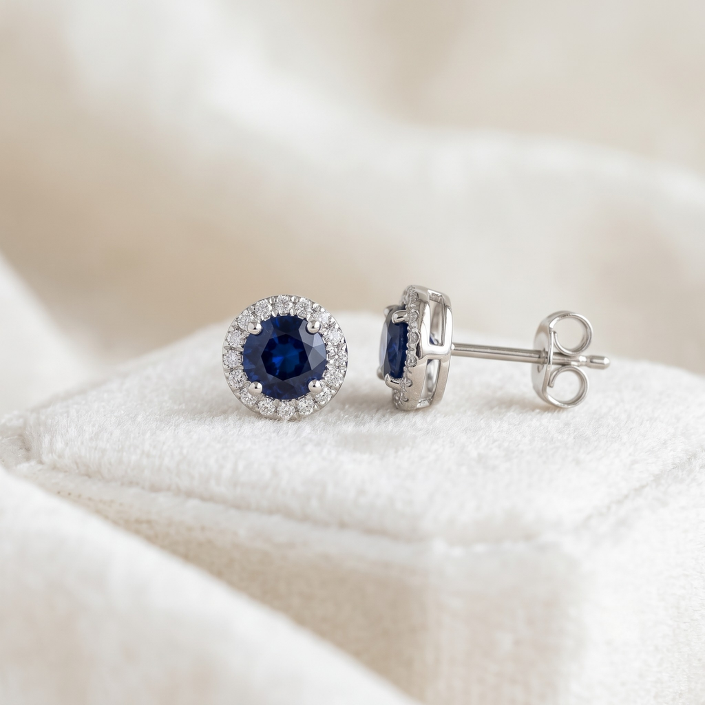 Round Sapphire Blue Halo CZ Studs | 925 Sterling Silver
