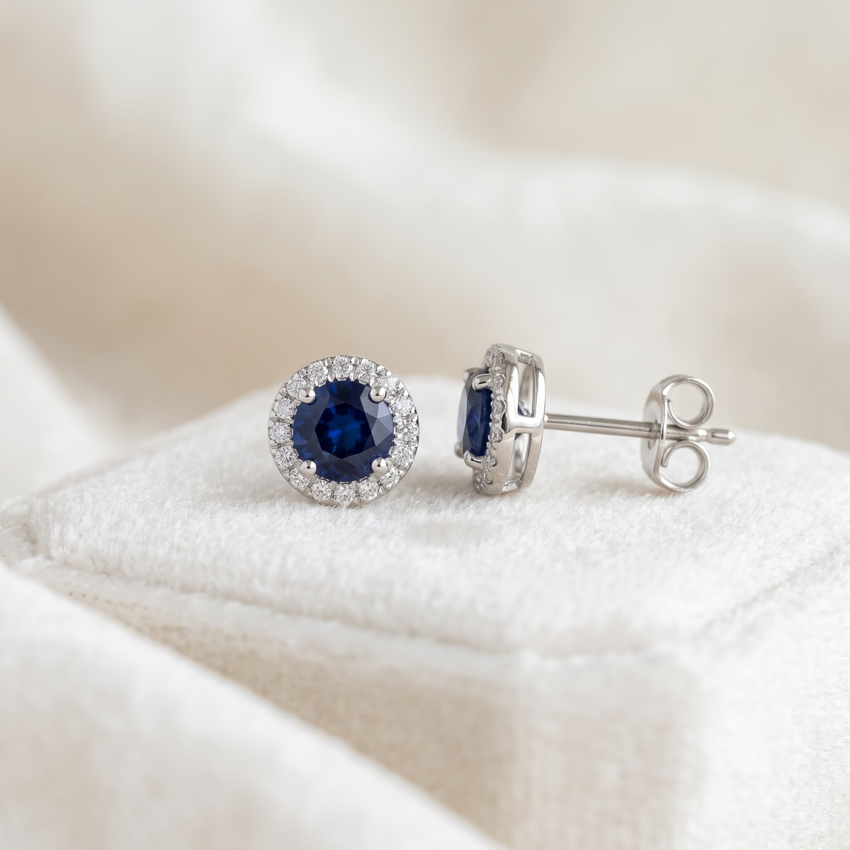 Round Sapphire Blue Halo CZ Studs | 925 Sterling Silver