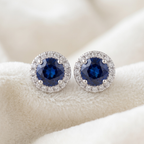 Round Sapphire Blue Halo CZ Studs | 925 Sterling Silver