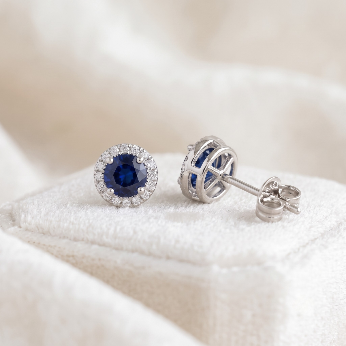 Round Sapphire Blue Halo CZ Studs | 925 Sterling Silver