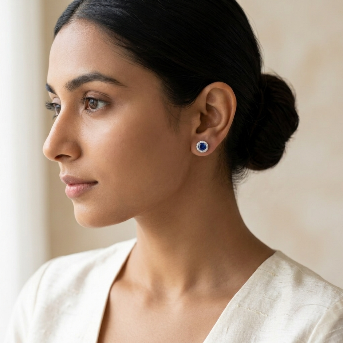 Round Sapphire Blue Halo CZ Studs | 925 Sterling Silver