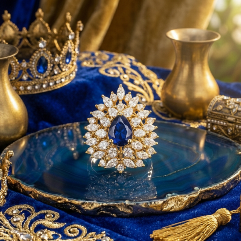 925 Sterling Silver Sapphire Drop Adjustable Cocktail Ring