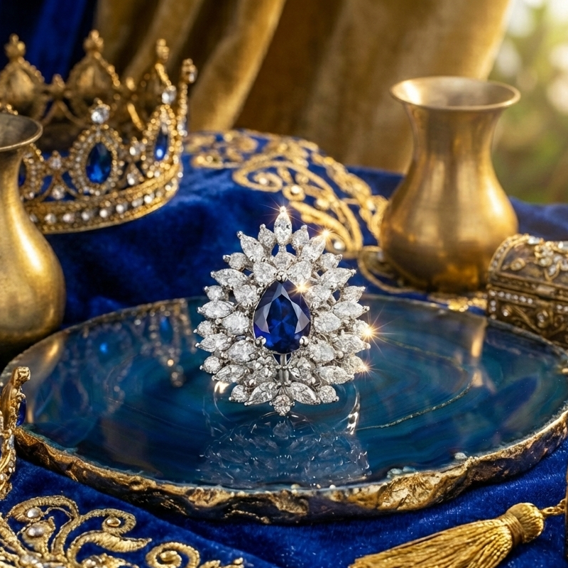 925 Sterling Silver Sapphire Drop Adjustable Cocktail Ring