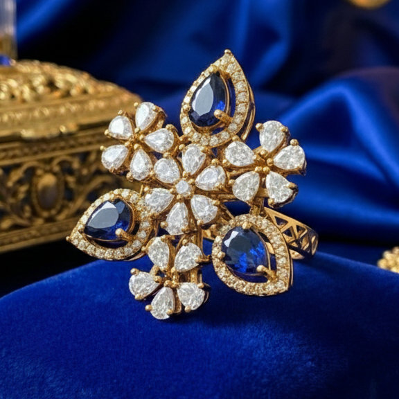 925 Sterling Silver Sapphire Blue Floral Adjustable Cocktail Ring