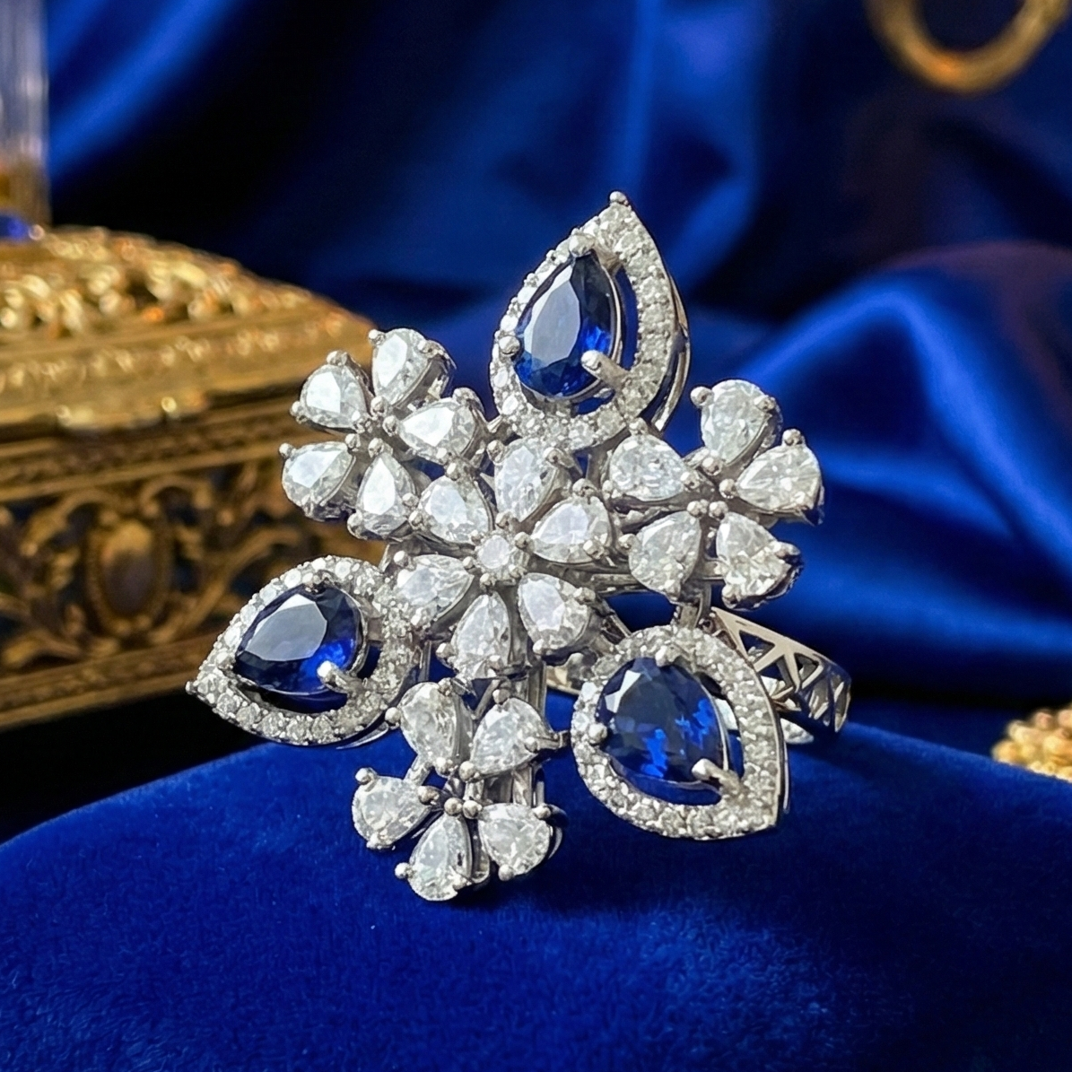 925 Sterling Silver Sapphire Blue Floral Adjustable Cocktail Ring