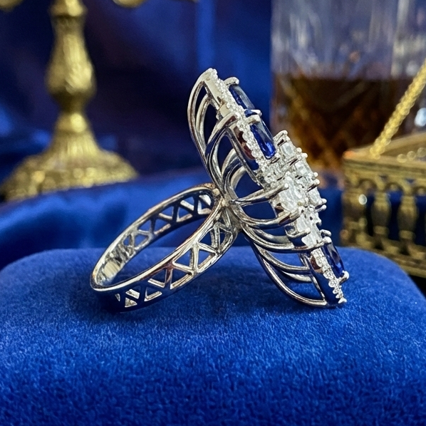 925 Sterling Silver Sapphire Blue Floral Adjustable Cocktail Ring