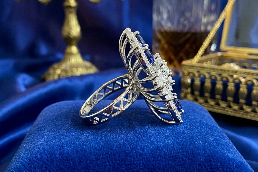 925 Sterling Silver Sapphire Blue Floral Adjustable Cocktail Ring