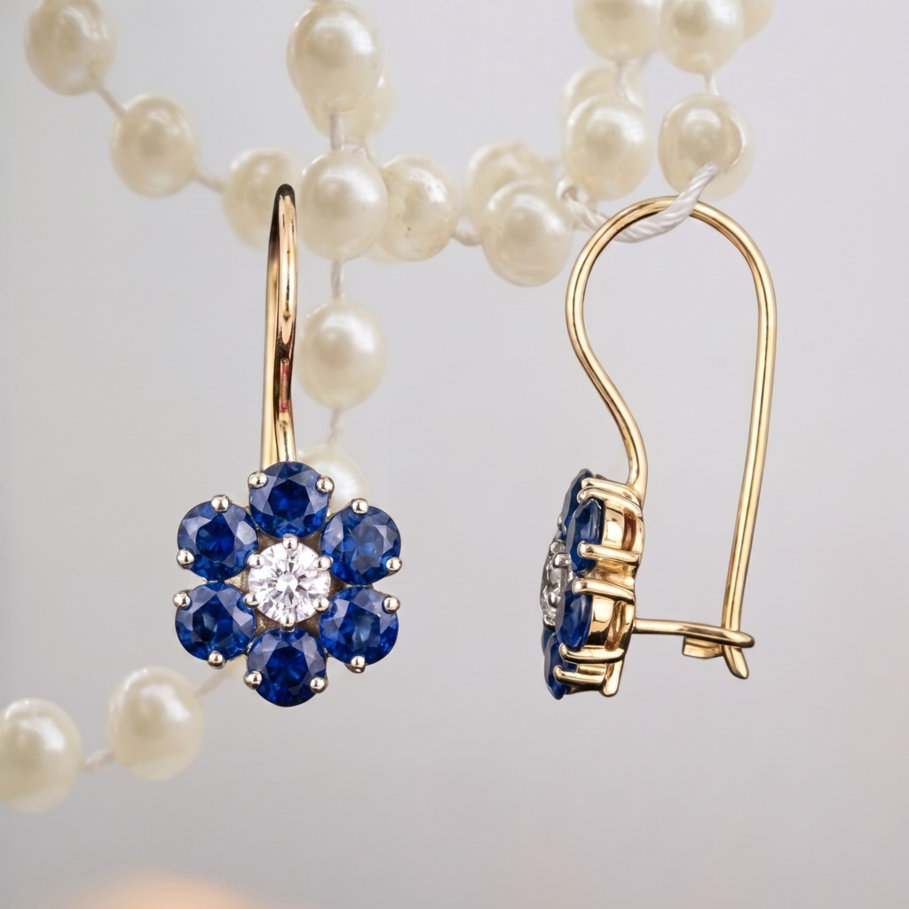 Sapphire Floral Drop Earrings - 925 Sterling Silver