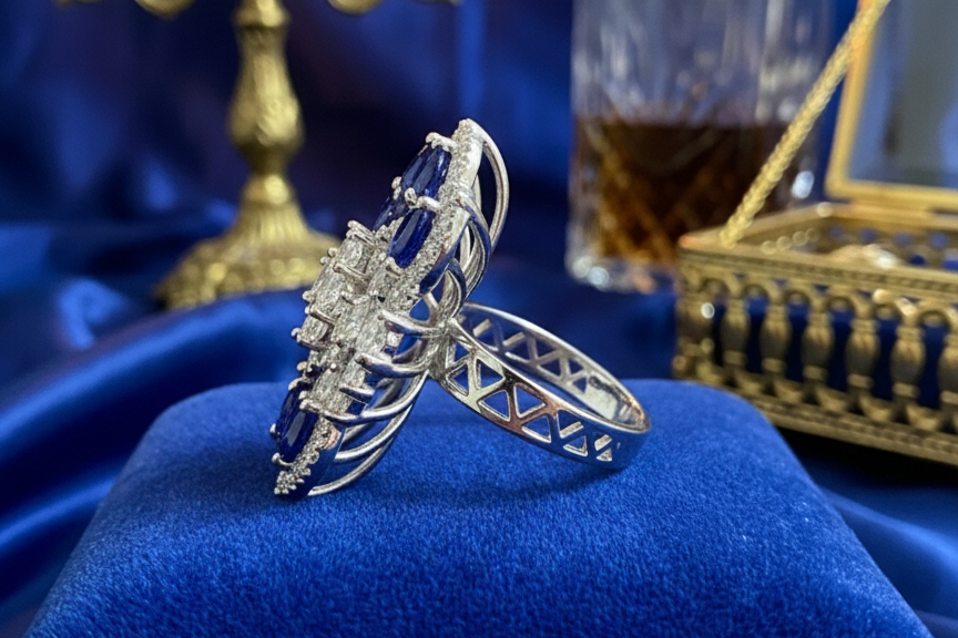 925 Sterling Silver Sapphire Blue Floral Adjustable Cocktail Ring