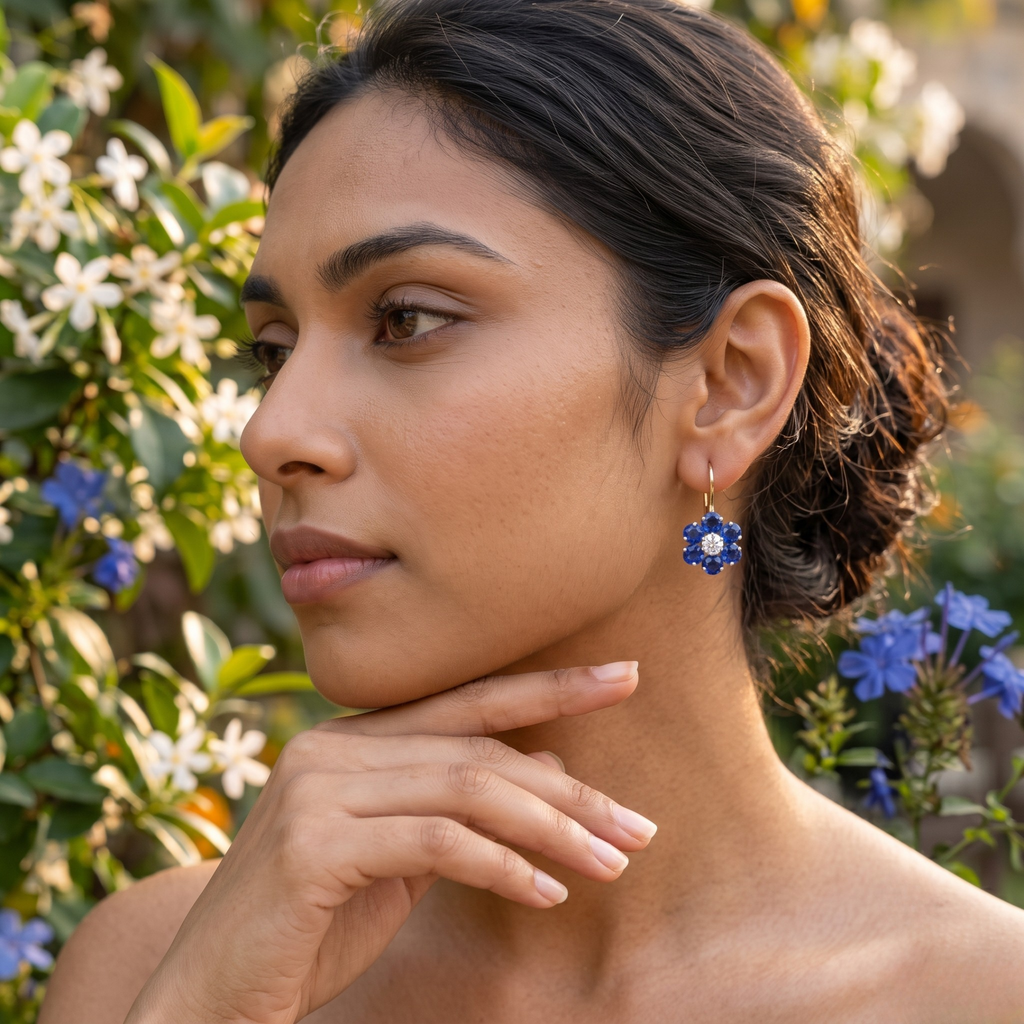Sapphire Floral Drop Earrings - 925 Sterling Silver