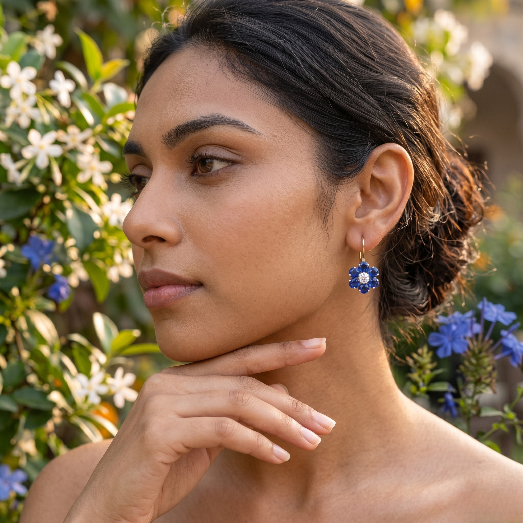 Sapphire Floral Drop Earrings - 925 Sterling Silver