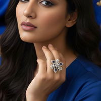 925 Sterling Silver Sapphire Blue Floral Adjustable Cocktail Ring