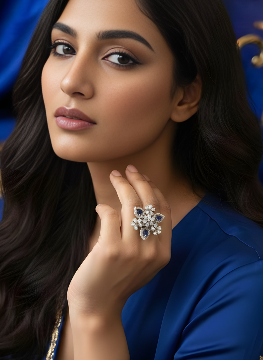 925 Sterling Silver Sapphire Blue Floral Adjustable Cocktail Ring