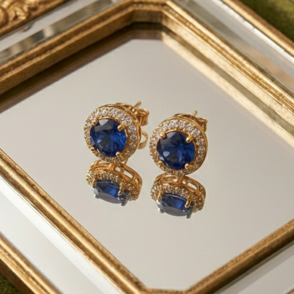 Round Sapphire Blue Halo CZ Studs | 925 Sterling Silver