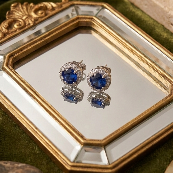 Round Sapphire Blue Halo CZ Studs | 925 Sterling Silver