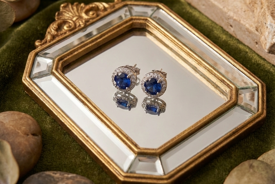 Round Sapphire Blue Halo CZ Studs | 925 Sterling Silver