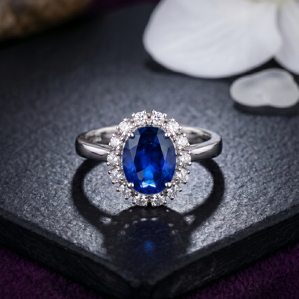 Oval Sapphire Halo Ring in 925 Sterling Silver