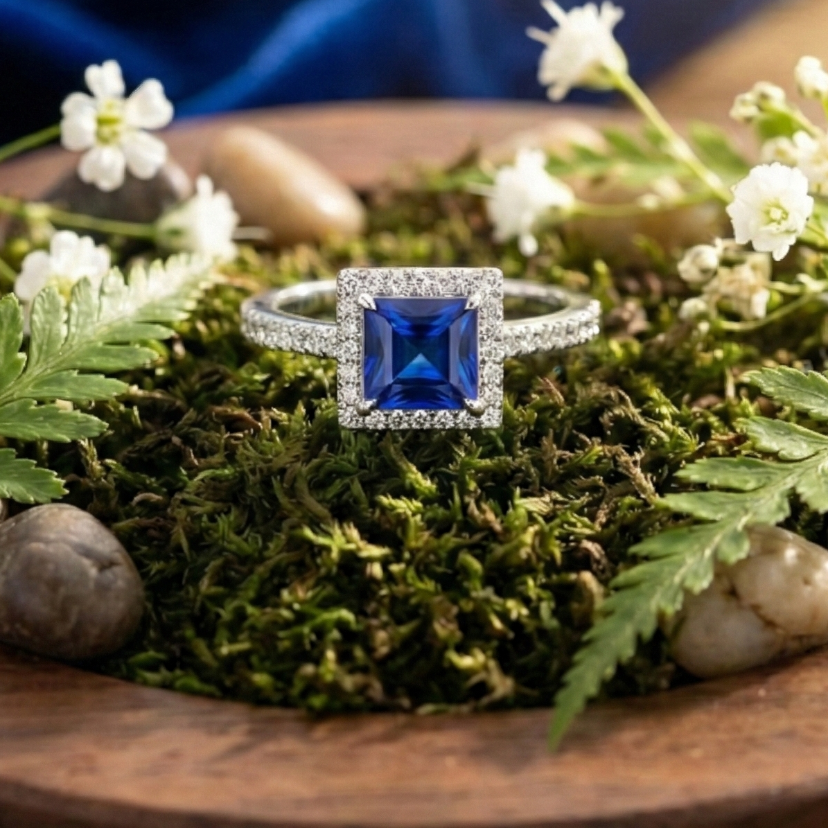 925 Sterling Silver Royal Sapphire Square Cut Adjustable Ring