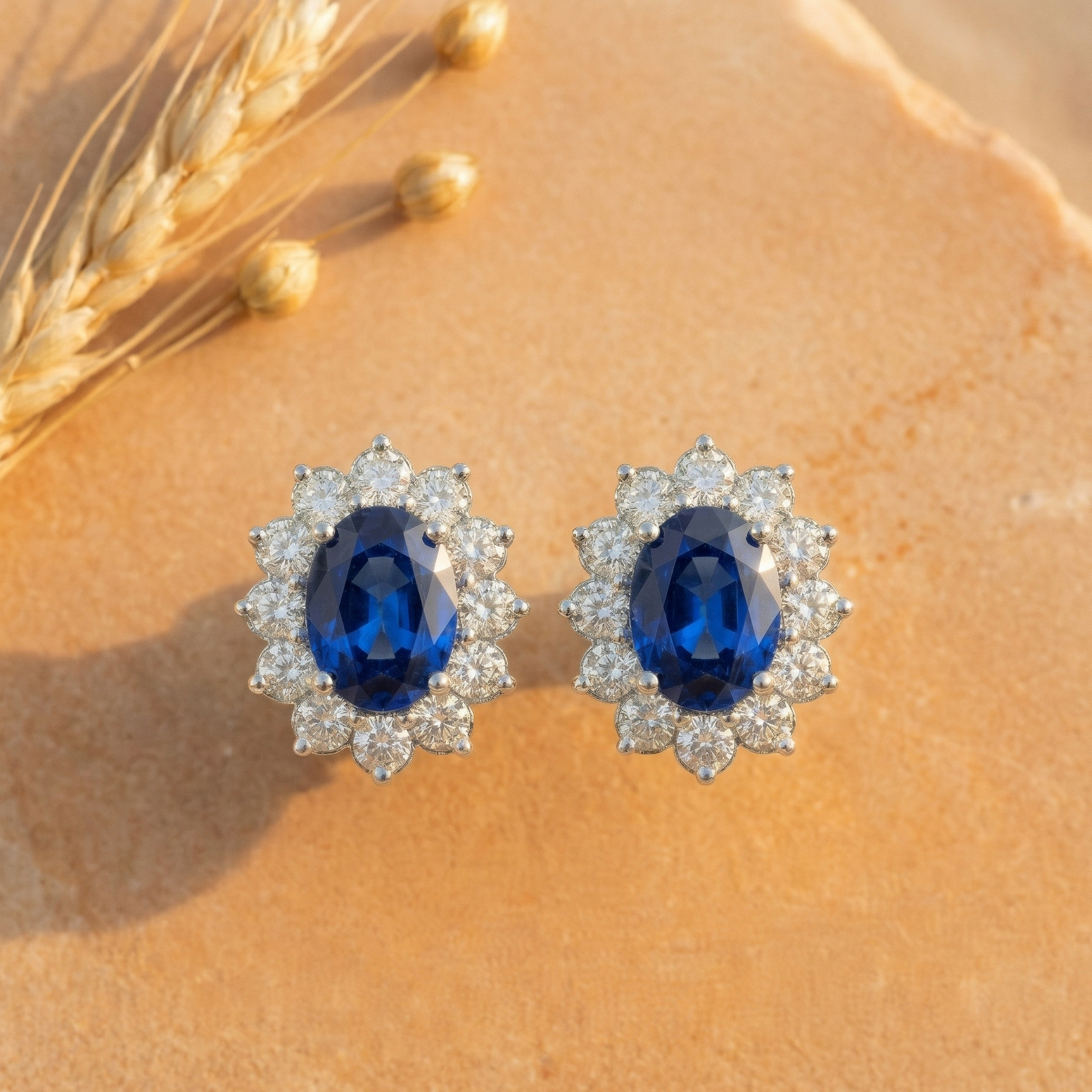 Royal Blue Sapphire Oval Halo Studs - 925 Sterling Silver