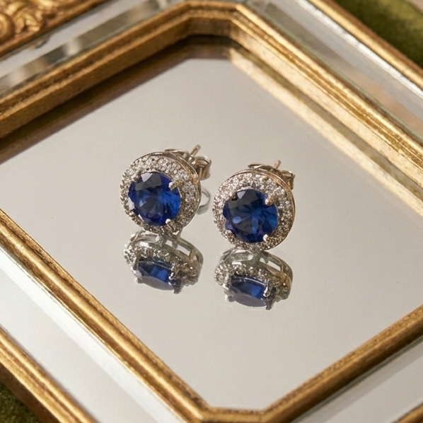 Round Sapphire Blue Halo CZ Studs | 925 Sterling Silver