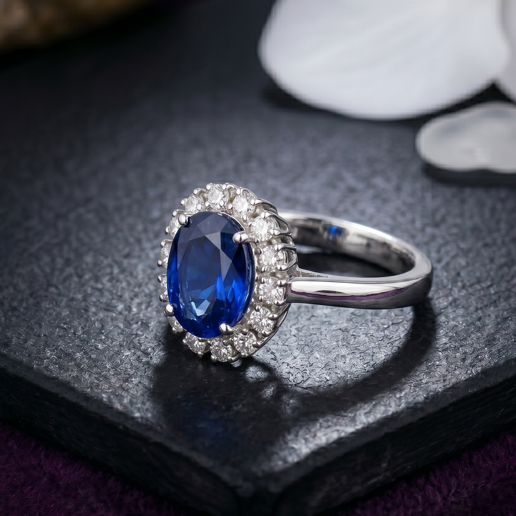 Oval Sapphire Halo Ring in 925 Sterling Silver