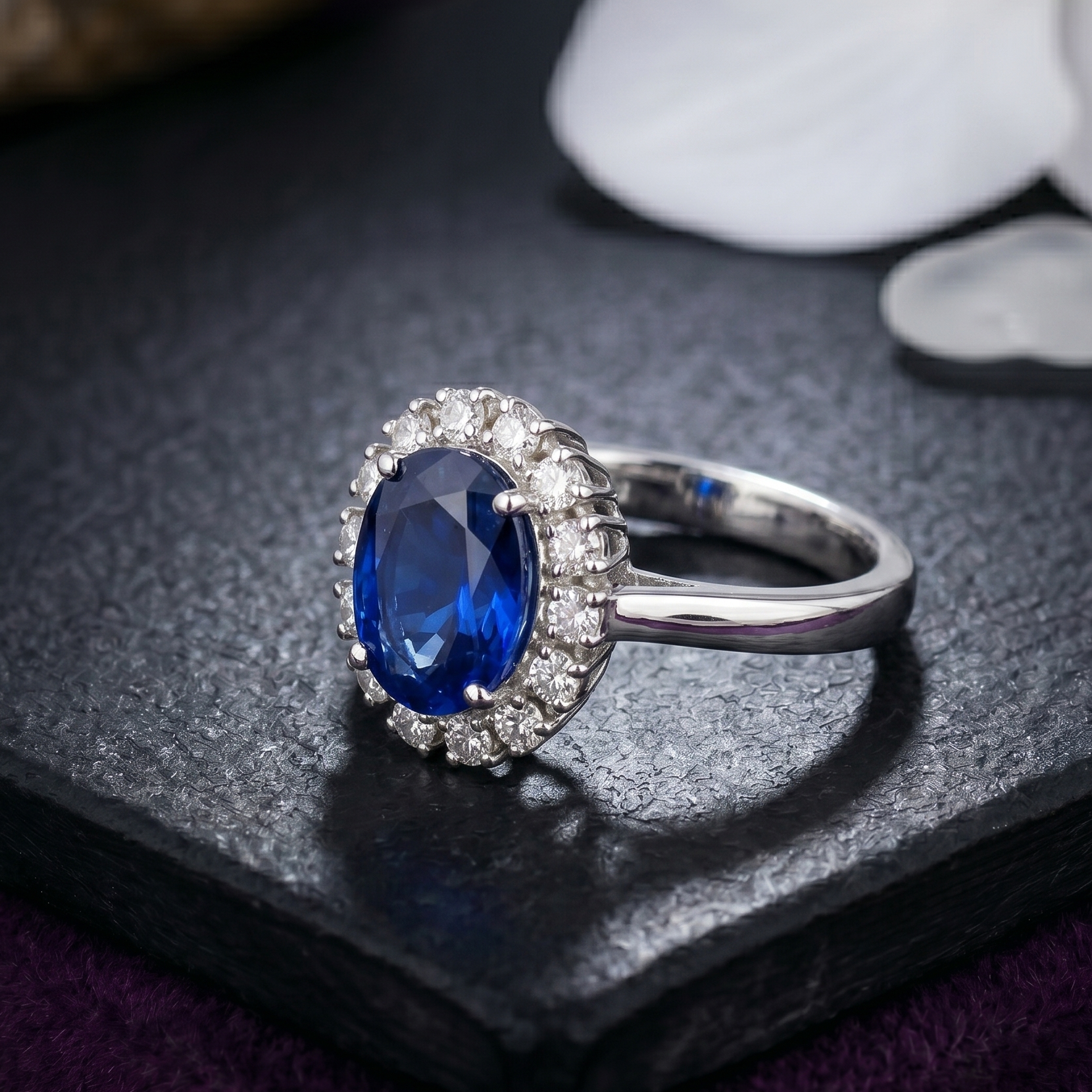 Oval Sapphire Halo Ring in 925 Sterling Silver