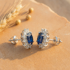 Royal Blue Sapphire Oval Halo Studs - 925 Sterling Silver