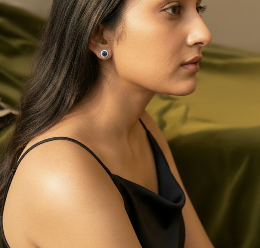 Round Sapphire Blue Halo CZ Studs | 925 Sterling Silver