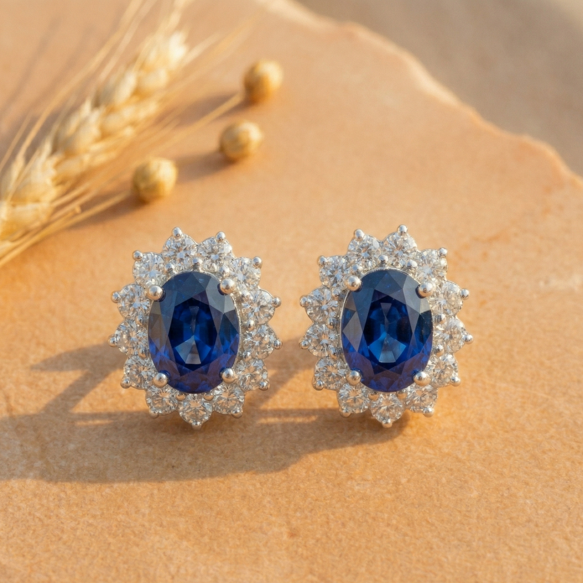 Royal Blue Sapphire Oval Halo Studs - 925 Sterling Silver