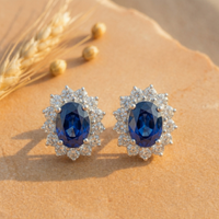 Royal Blue Sapphire Oval Halo Studs - 925 Sterling Silver