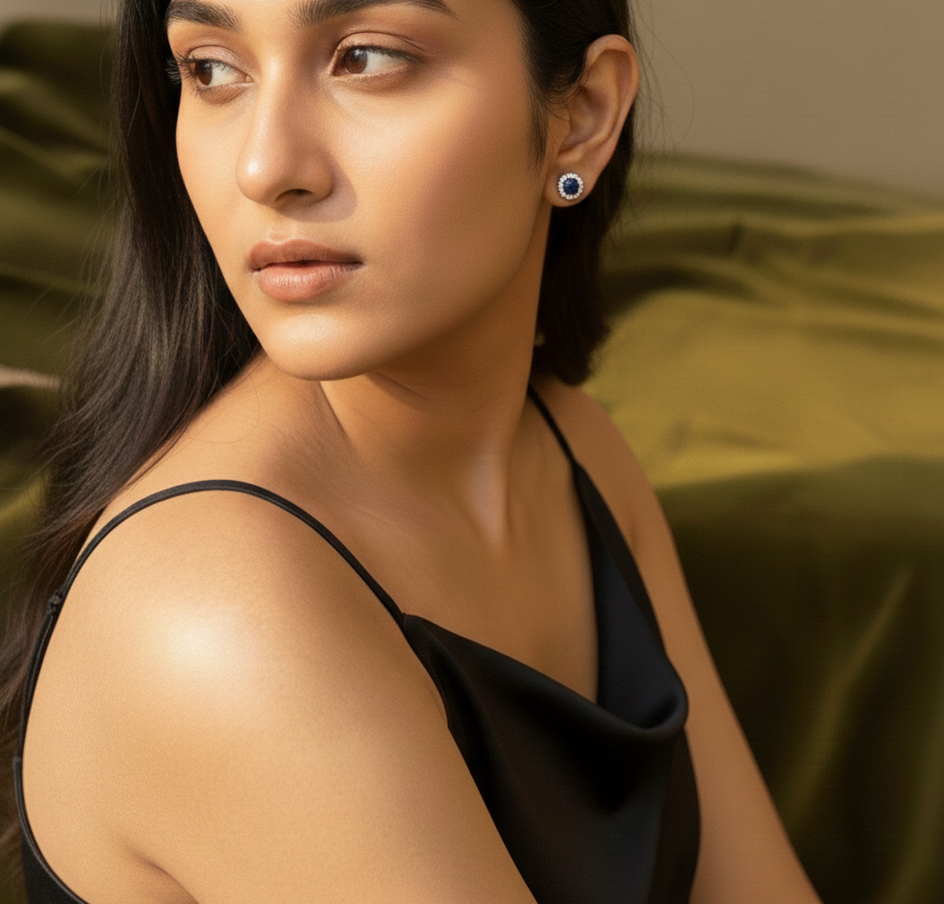 Round Sapphire Blue Halo CZ Studs | 925 Sterling Silver