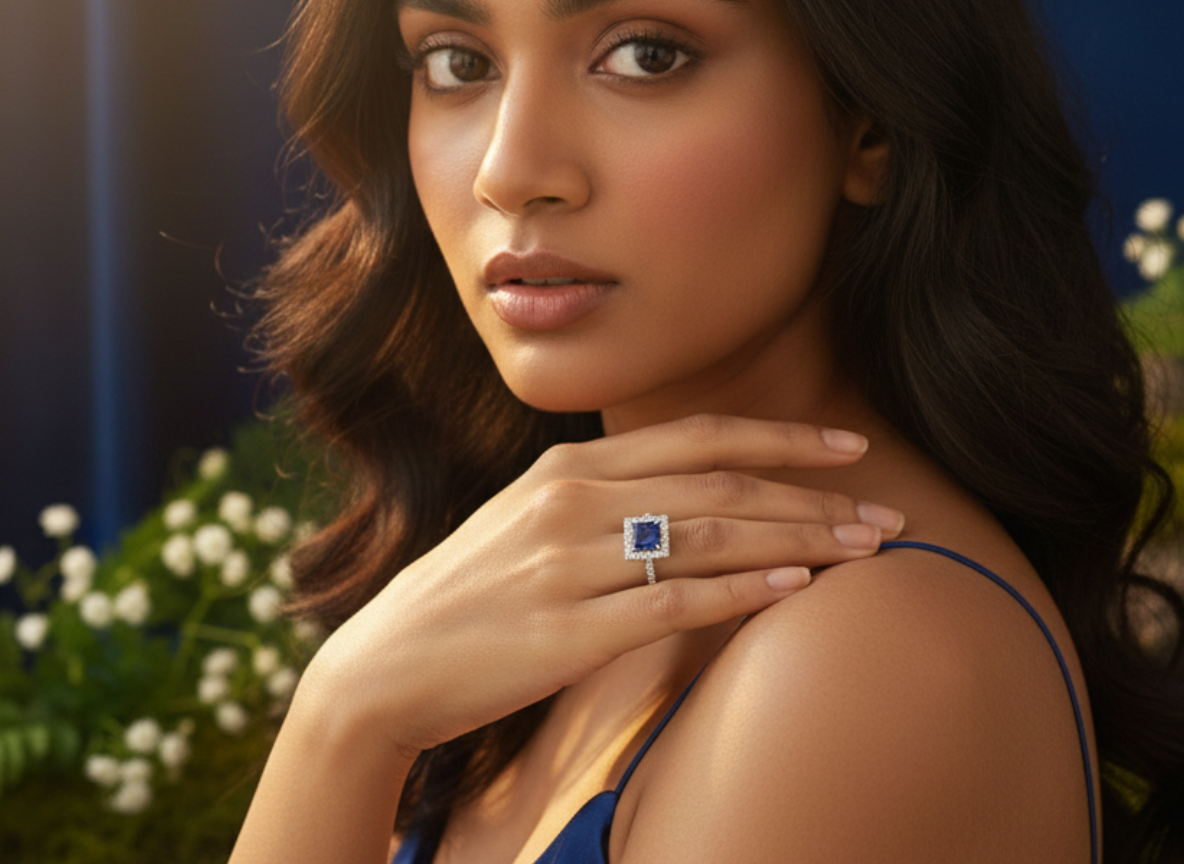 925 Sterling Silver Royal Sapphire Square Cut Adjustable Ring