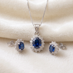 Oval Blue Sapphire Halo Pendant Set in 925 Sterling Silver