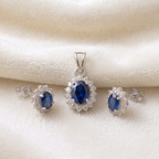 Oval Blue Sapphire Halo Pendant Set in 925 Sterling Silver