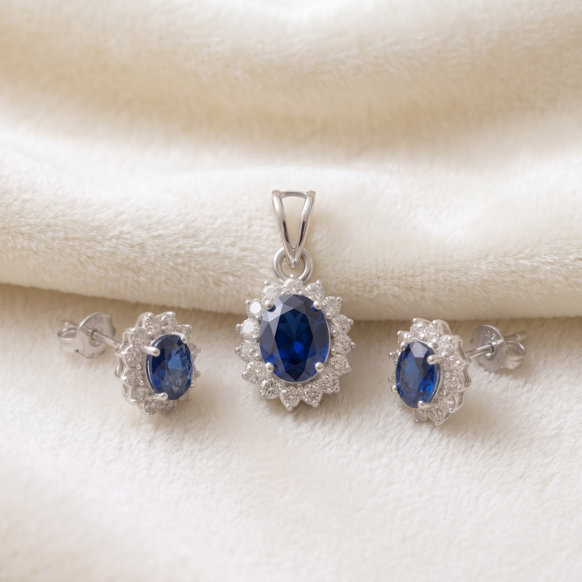 Oval Blue Sapphire Halo Pendant Set in 925 Sterling Silver