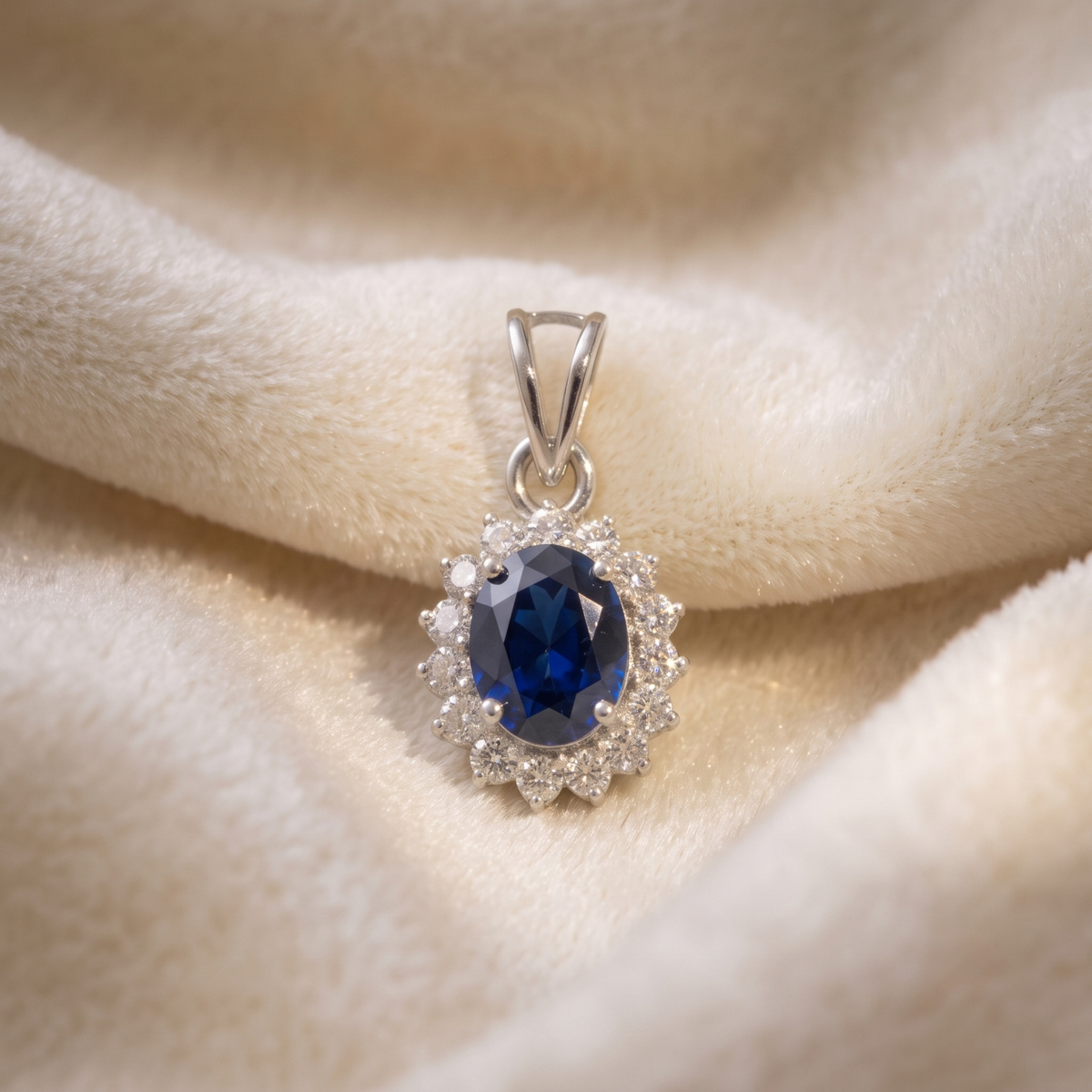 Oval Blue Sapphire Halo Pendant Set in 925 Sterling Silver