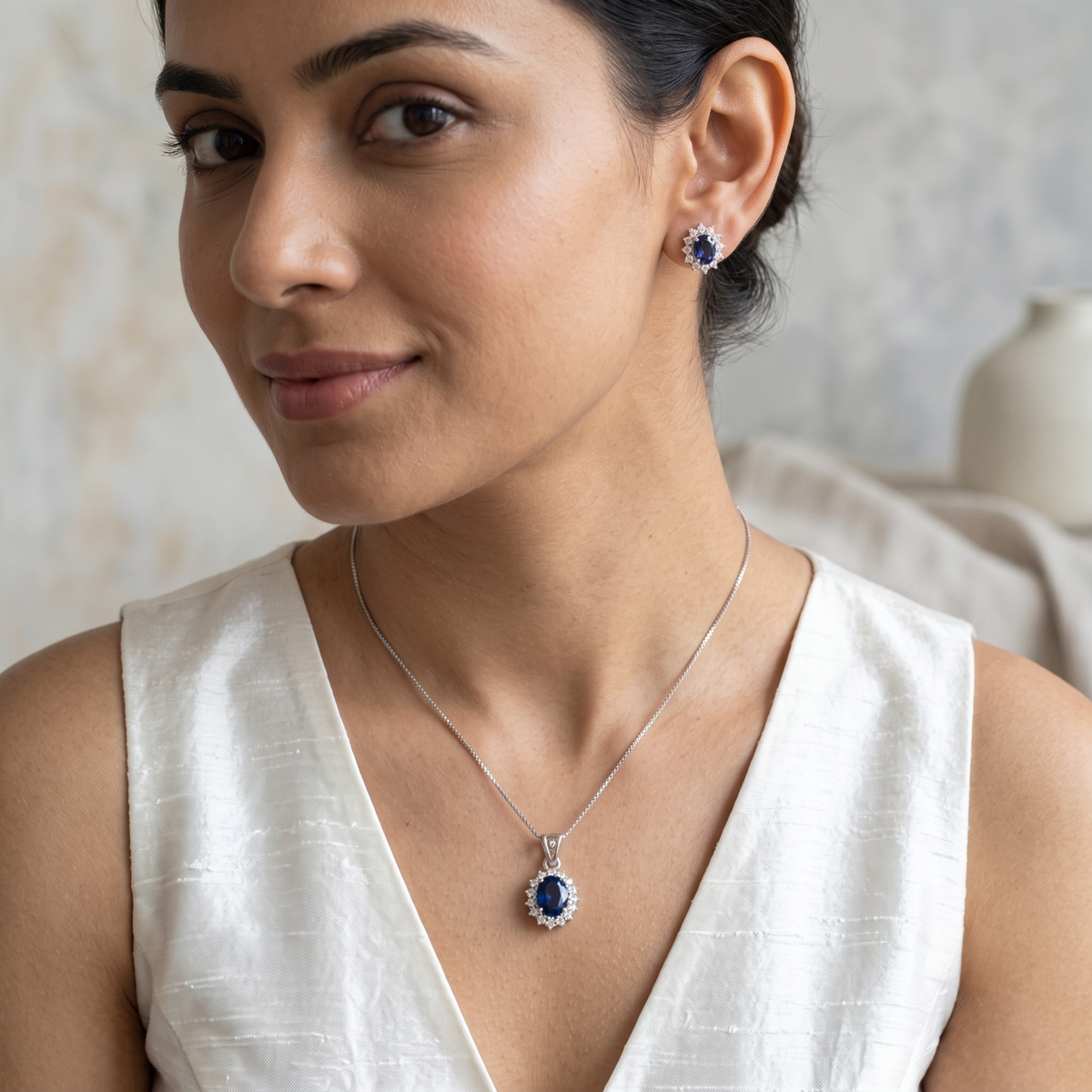 Oval Blue Sapphire Halo Pendant Set in 925 Sterling Silver