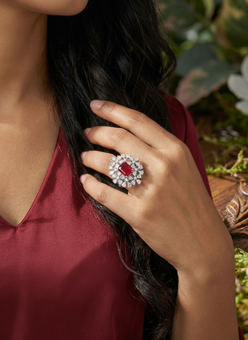 925 Sterling Silver Scarlet Petal Adjustable Cocktail Ring