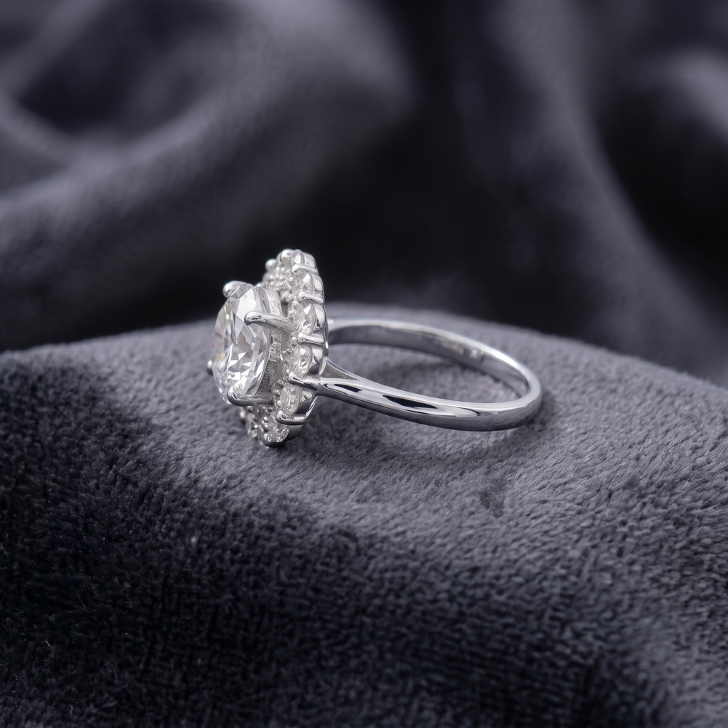 Classic Round Solitaire with CZ Halo Ring in 925 Sterling Silver