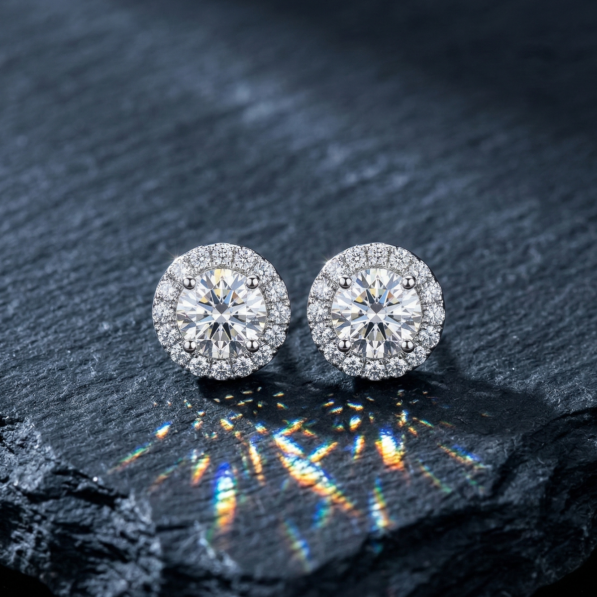 Signature Round Halo Solitaire Studs - 925 Sterling Silver