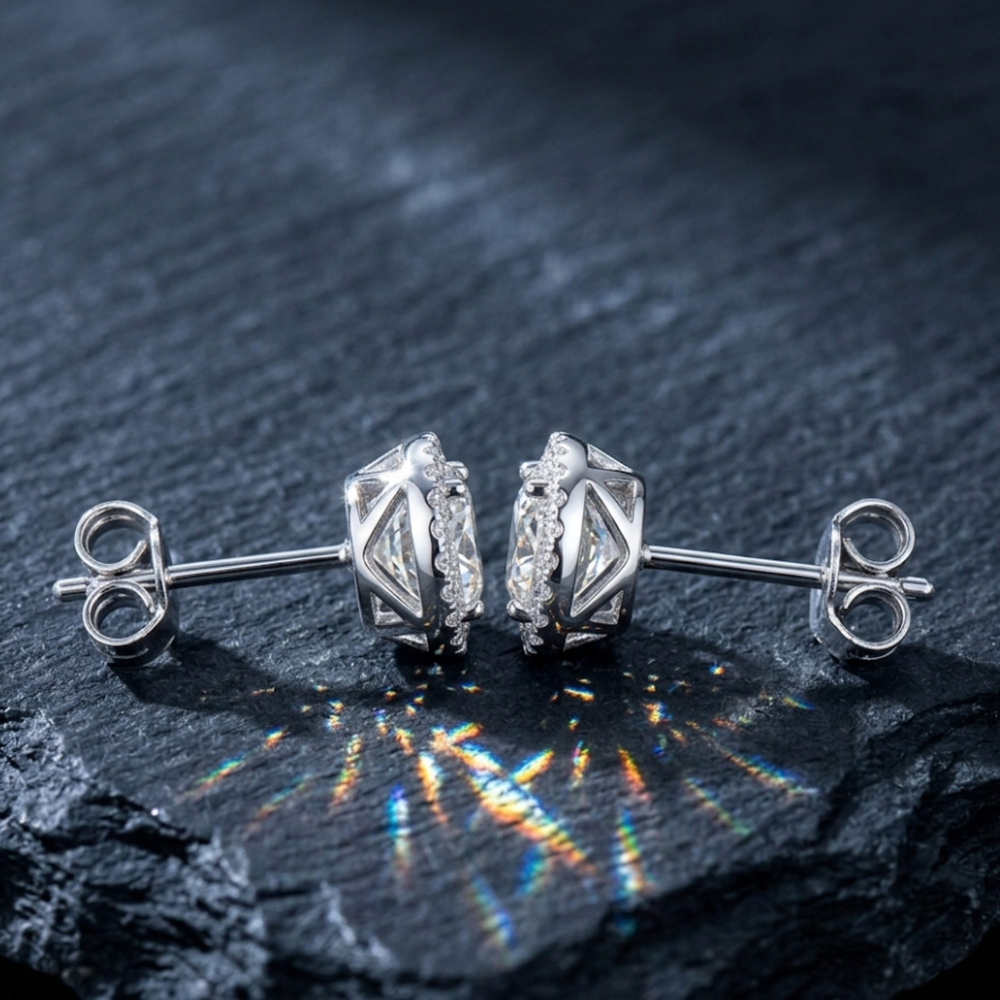 Signature Round Halo Solitaire Studs - 925 Sterling Silver