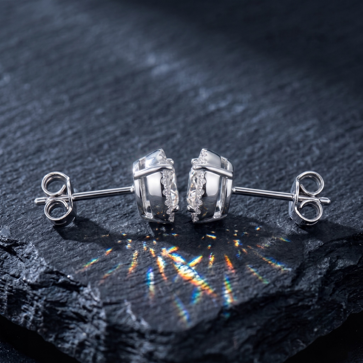 Signature Round Halo Solitaire Studs - 925 Sterling Silver