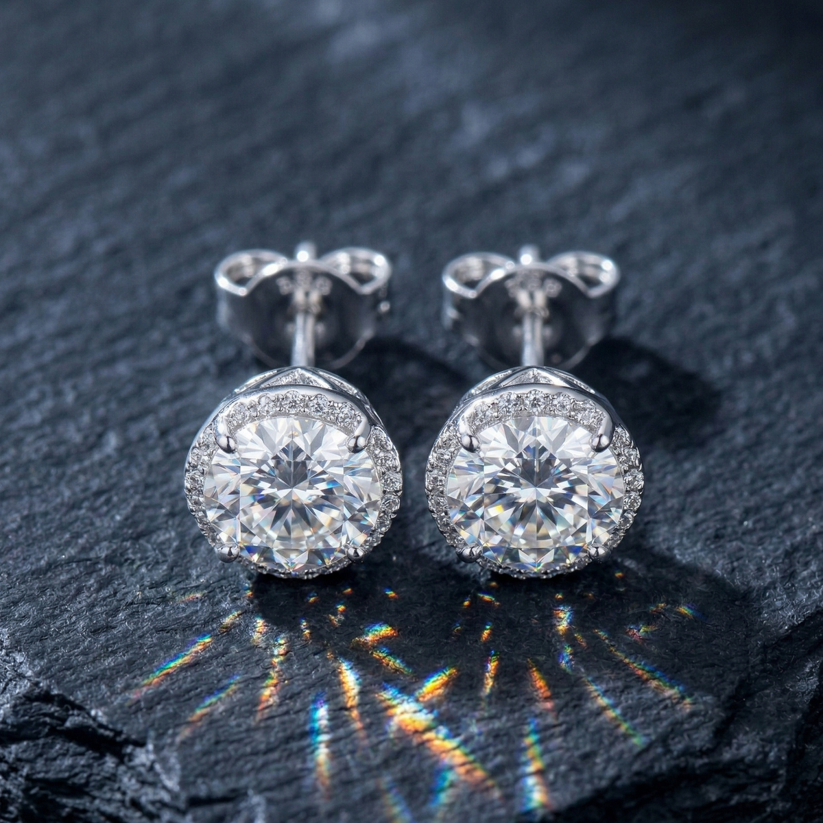 Signature Round Halo Solitaire Studs - 925 Sterling Silver