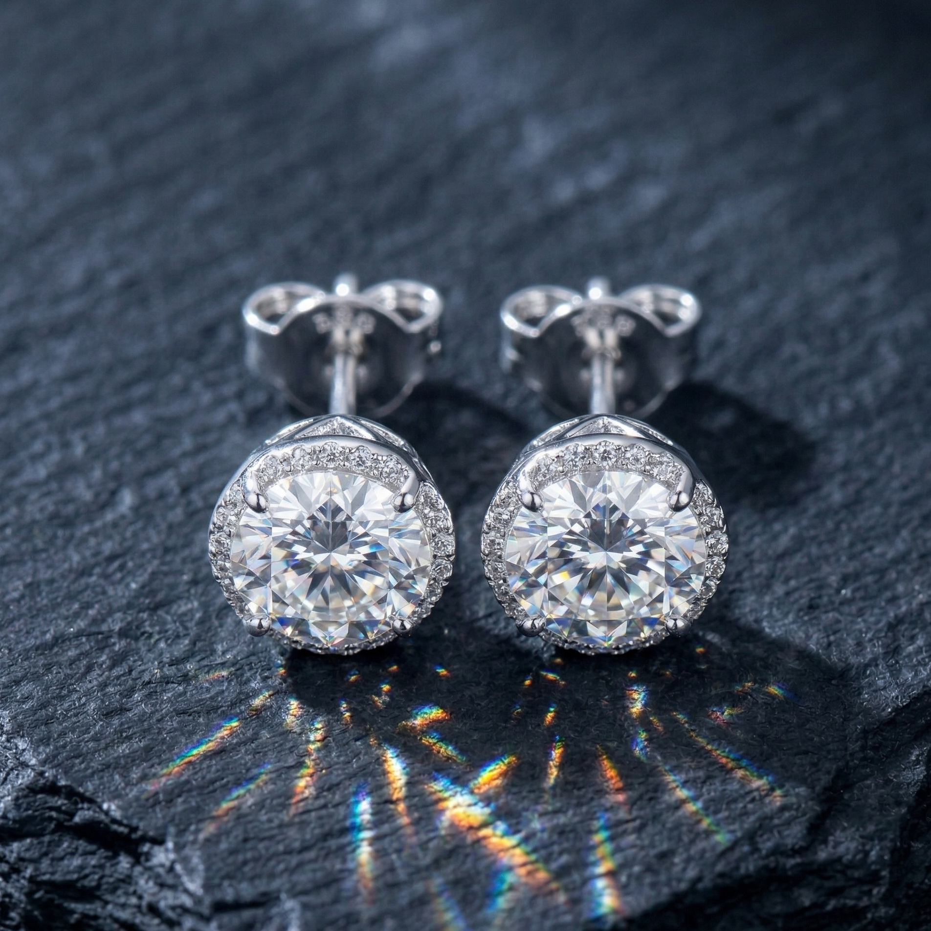 Signature Round Halo Solitaire Studs - 925 Sterling Silver
