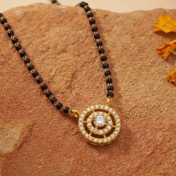 Round Solitaire Concentric Halo CZ Mangalsutra Pendant in 925 Sterling Silver