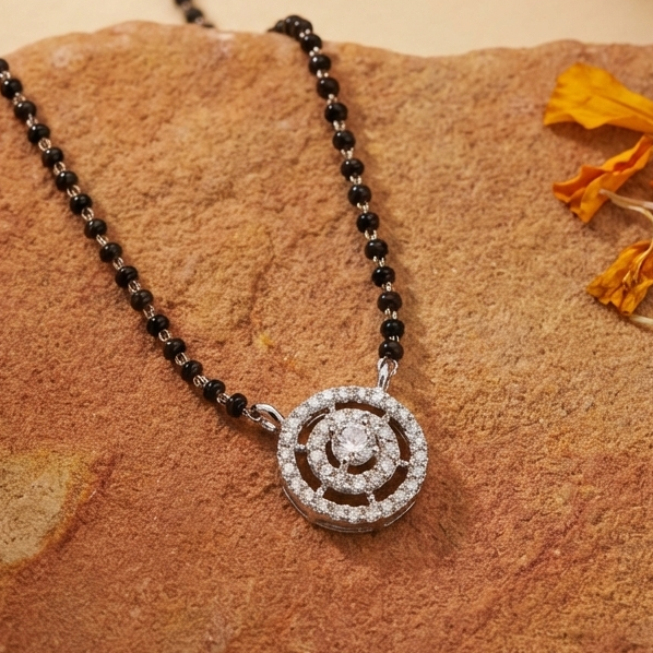 Round Solitaire Concentric Halo CZ Mangalsutra Pendant in 925 Sterling Silver