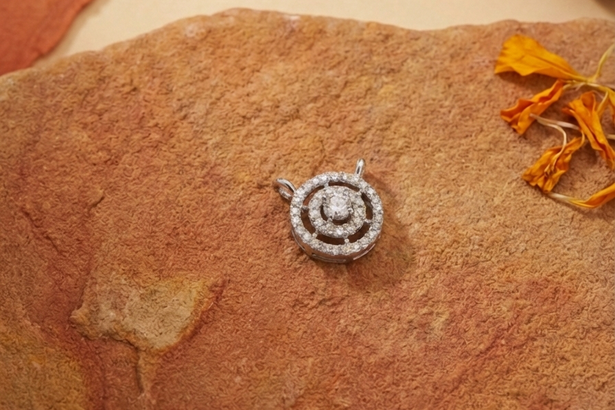 Round Solitaire Concentric Halo CZ Mangalsutra Pendant in 925 Sterling Silver