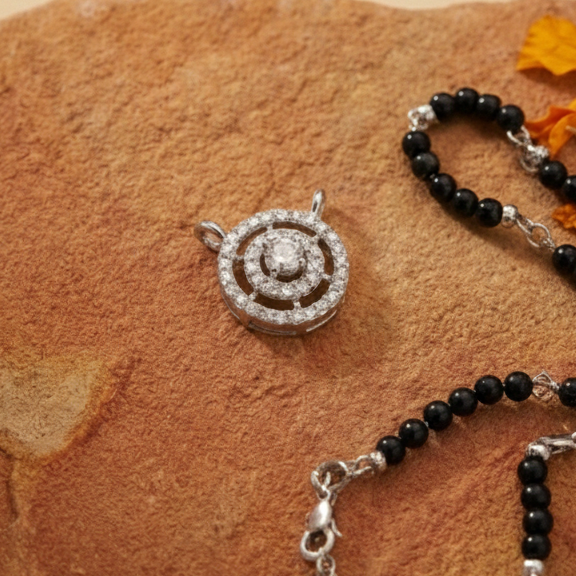 Round Solitaire Concentric Halo CZ Mangalsutra Pendant in 925 Sterling Silver