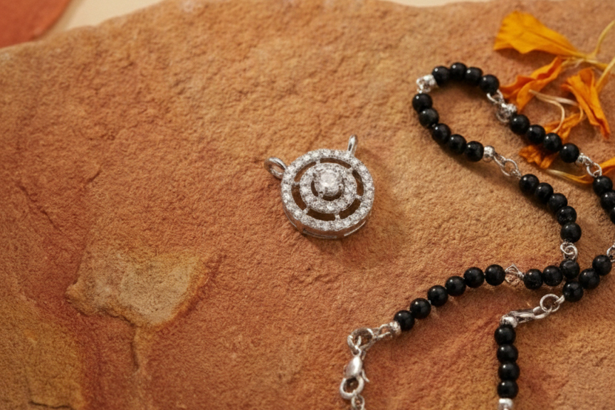 Round Solitaire Concentric Halo CZ Mangalsutra Pendant in 925 Sterling Silver