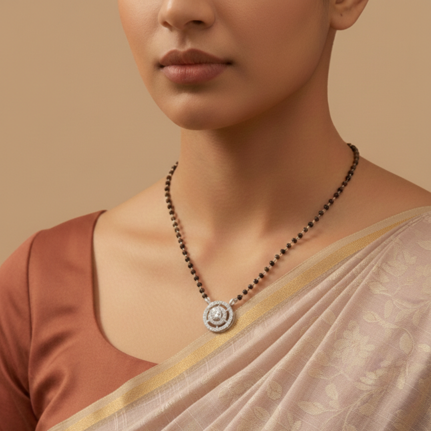 Round Solitaire Concentric Halo CZ Mangalsutra Pendant in 925 Sterling Silver